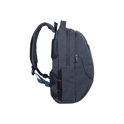 Blauer Rucksack im Profil, Detailansicht. Sichtbar sind Tragegurte, ReiÃŸverschlÃ¼sse und Seitentaschen.