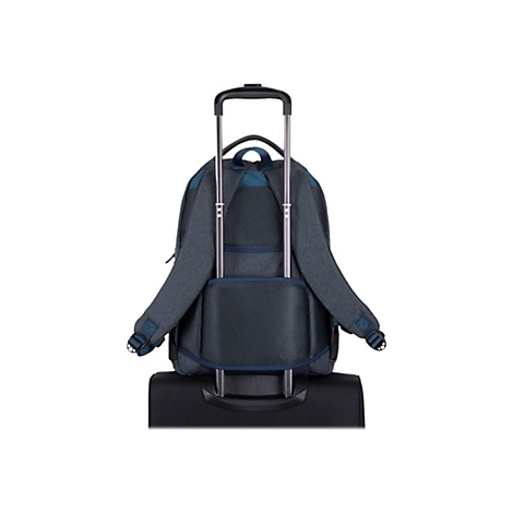 Grauer Rucksack auf einem Trolley, RÃ¼ckansicht. Ausziehbare Stange, schwarzer Trolley.