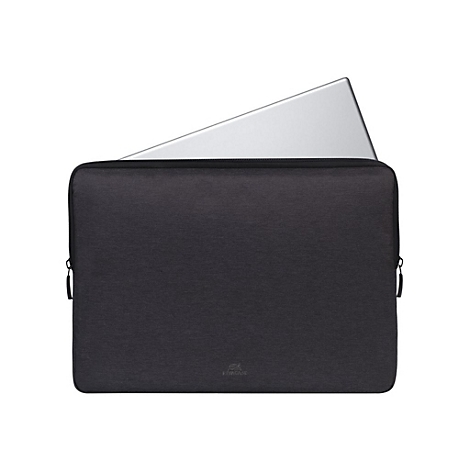 Schwarze Laptoptasche mit teilweisem silberfarbenen Laptop. Die Tasche hat einen ReiÃŸverschluss und ein Logo.