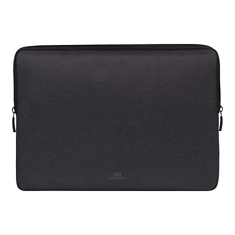 Dunkelgraue Laptoptasche mit ReiÃŸverschluss. Logo am unteren Rand.