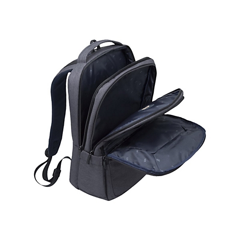 Grauer Rucksack mit offenem Innenraum, Details der Innentaschen sichtbar.