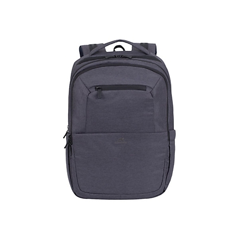 Dunkelgrauer Rucksack mit mehreren ReiÃŸverschlusstaschen und Tragegriff oben.