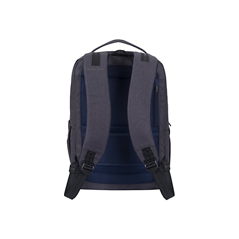 Dunkelgrauer Rucksack von hinten, mit blauer RÃ¼ckenpolsterung und schwarzen TrÃ¤gern.