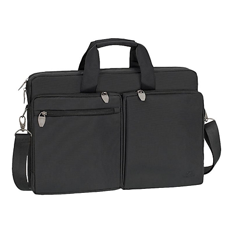 Schwarze Laptoptasche mit zwei AuÃŸentaschen, Tragegriff, Schultergurt und ReiÃŸverschlÃ¼ssen.
