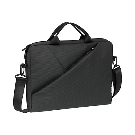 Schwarze Laptoptasche mit Griff und Schultergurt, diagonalem ReiÃŸverschlussfach.
