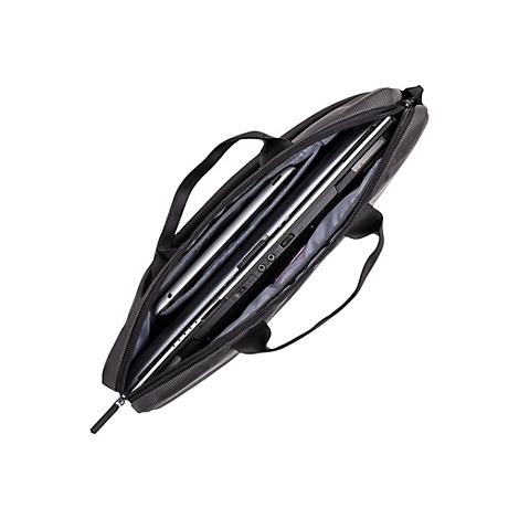 Schwarze Laptoptasche, offen, zeigt Laptop und Tablet.