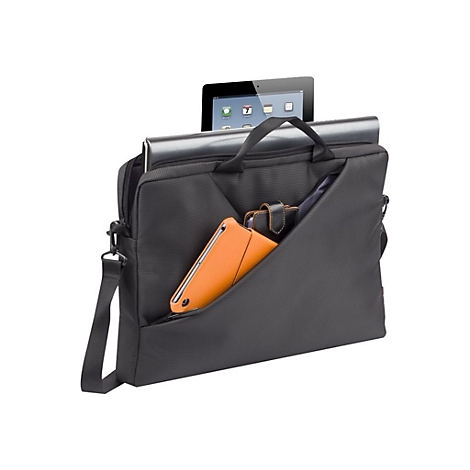 Schwarze Laptoptasche mit iPad und Handy. Tasche mit Trageriemen und Griff. Im Fach ein orangefarbenes Handy.