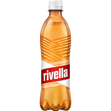 A bottle of Rivella soft drink with a white cap. The label reads 'Rivella' in white letters on a red background.