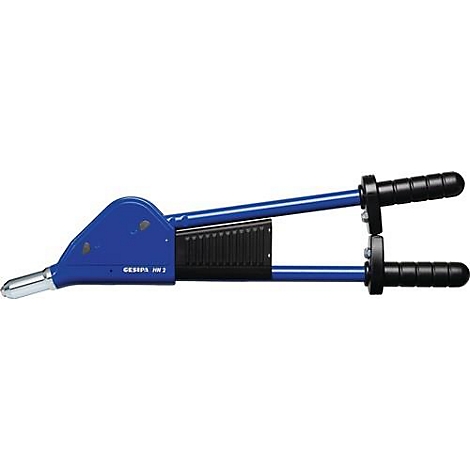 Pince à rivets bleue, avec poignées noires et un support en métal noir.