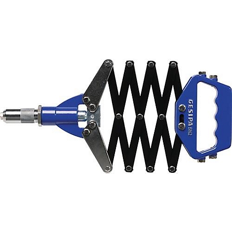 Pince à riveter bleue avec mécanisme à ciseaux noir et poignée. 'GESIPA 6412' est écrit sur la poignée.