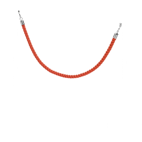 Red rope with silver metal ends, slightly curved against a white background.