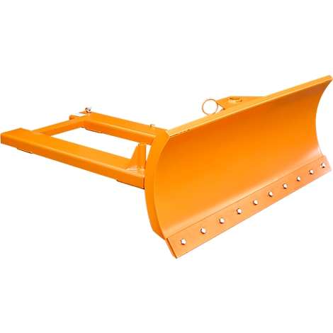 An orange snowplow against a white backdrop. The tool features a wide blade with bolts, a frame, and a hitch.