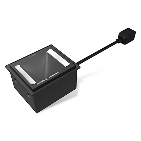 Schwarzer Barcode-Scanner mit Kabel. Die rechteckige Oberseite hat eine Glasscheibe mit Beleuchtung. Das Gerät steht auf weißem Hintergrund.