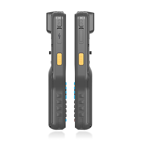 Zwei graue Barcode-Scanner nebeneinander. Gelbe Tasten und blaue Akzente. Auf weißem Hintergrund.