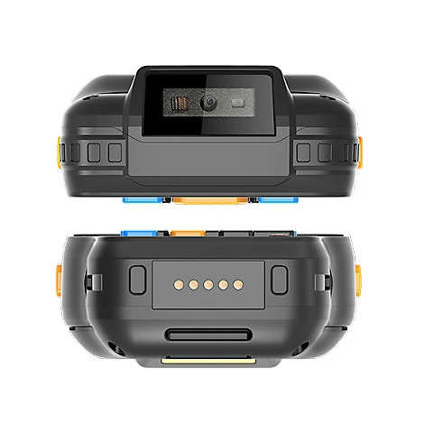Zwei Scanner nebeneinander. Schwarzes Gehäuse mit gelben und blauen Akzenten. USB-Anschluss sichtbar.