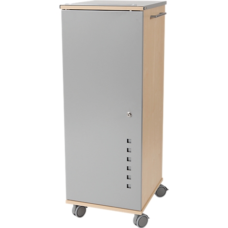 Grey cabinet with wooden sides, handle, and wheels. It has a lock, square openings, and stands on castors.