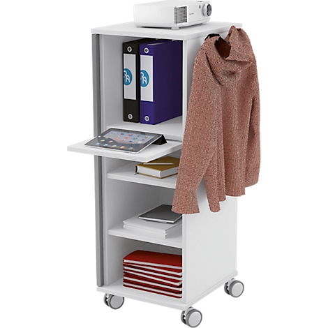 White rolling furniture with projector, folders, tablet, books and jacket. Open door with tablet. Red and grey accents.
