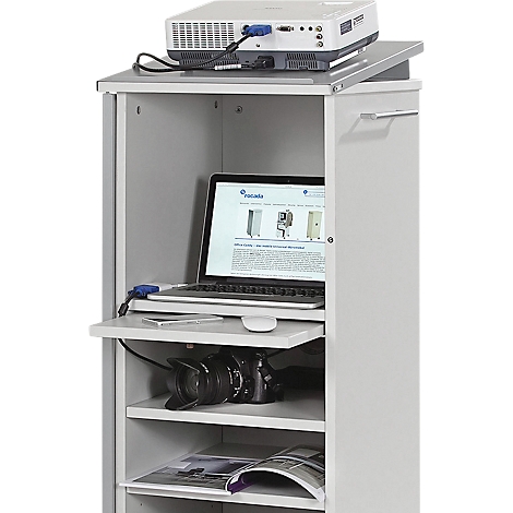 White presentation cart with laptop, camera and projector, website open.