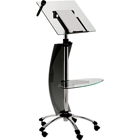 Modern glass lectern with microphone, shelf, height adjustable, on wheels.