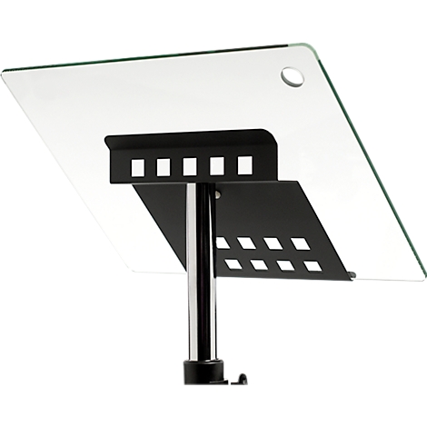 A lectern with a glass top and metal bracket. The bracket has square openings.