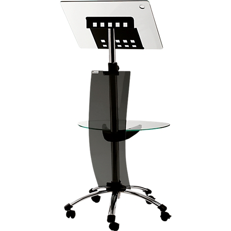 Een zwarte glazen lessenaar met wielen. Het heeft een bovenste plank voor notities en een onderste plank.