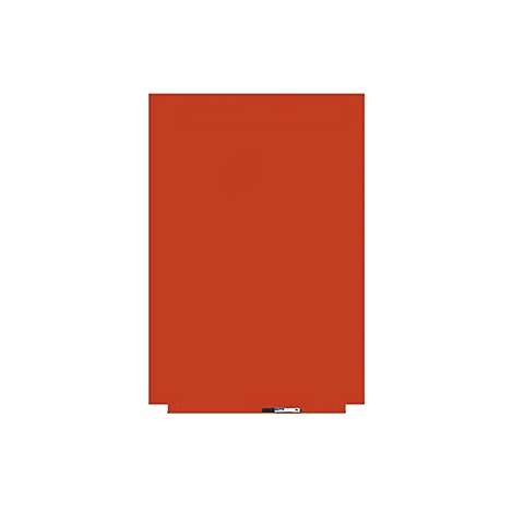 Een rechthoekig, rood whiteboard met een zwarte stift onderaan.