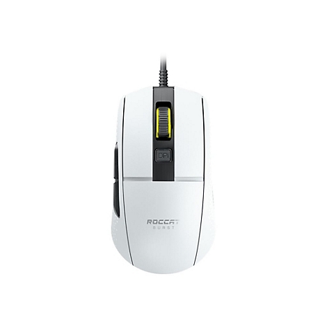 Souris de jeu blanche, ROCCAT BURST. Avec des éléments jaunes et un bouton DPI. Connectée.