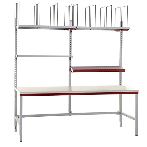 White workbench with red edge and shelf. Above are metal brackets.