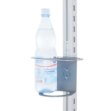 Water bottle in holder on a post. Inscription: Mineral water CLASSIC. Holder silver.