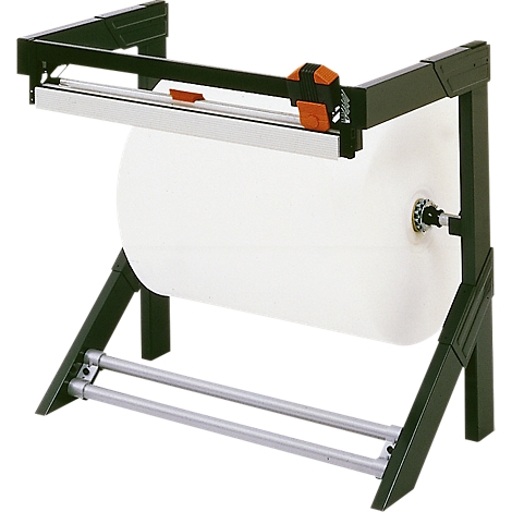Paper dispenser with black frame, holder and roll of white paper.