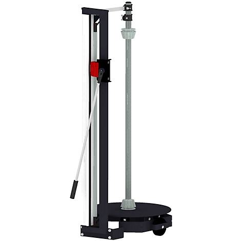 A black product. In the middle a gray column, around it rods and levers. On wheels.
