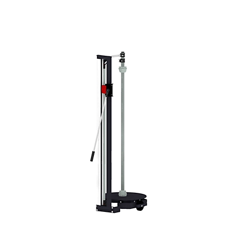 Packing machine on white background. Black metal construction, red lever.