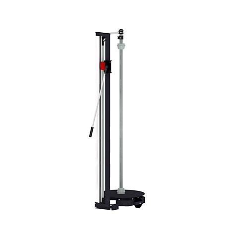 A black, vertical wrapping stand with a long, grey pole and rollers.