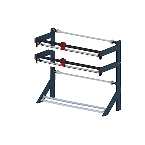 Gray paper roll holder with two levels, black cutting tools and red knobs.