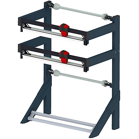 Structure with gray and black roll holders; red controls.