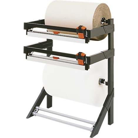 Paper roll holder with two rolls, orange clamps, black frame, and silver cutting elements.