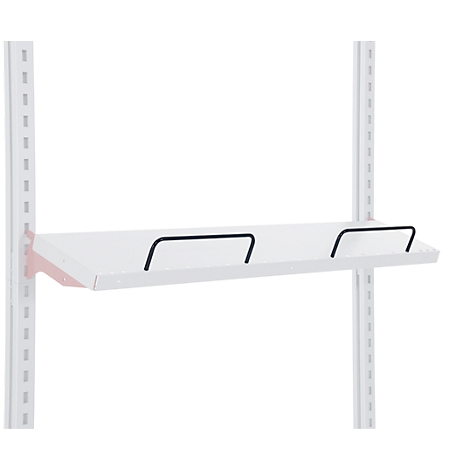 A white shelf with black steel wire brackets, mounted to white, perforated wall strips.