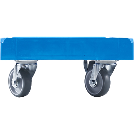 Carro de transporte azul con cuatro ruedas montadas individualmente.