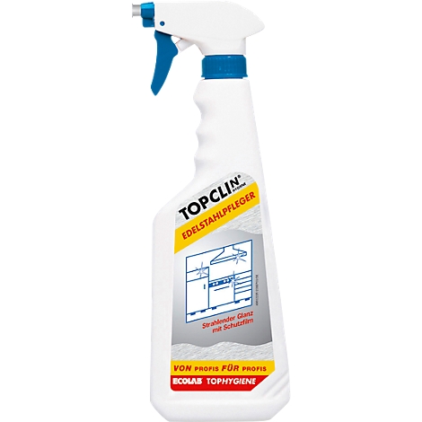 Witte TOPCLIN roestvrijstalen reinigersprayfles met blauwe sproeikop. Opdruk: keukenelementen, opschriften.