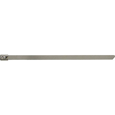 Een metalen kabelbinder, detailopname. Grijs, langwerpig lichaam met een vierkant sluitmechanisme met schroef.