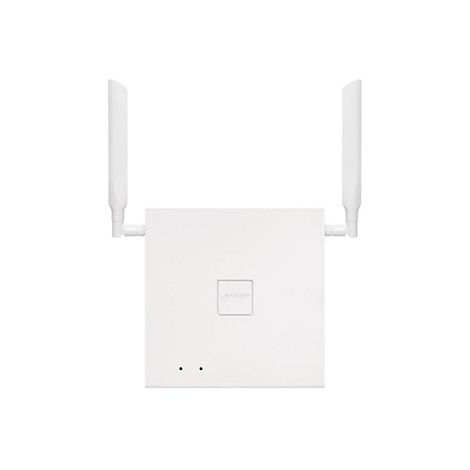 Ein weißer WLAN-Router mit zwei Antennen. Unten befinden sich zwei LED-Anzeigen. Das Logo ist "LANCOM".