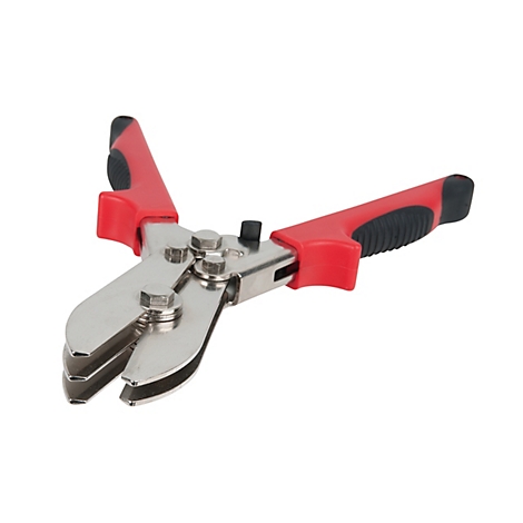 Zange mit roten Griffen und silbernen Schneidbacken. Die Griffe sind mit schwarzem Gummi versehen.