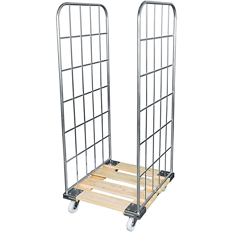 Open rolcontainer met gaaswanden, houten bodem en wielen.