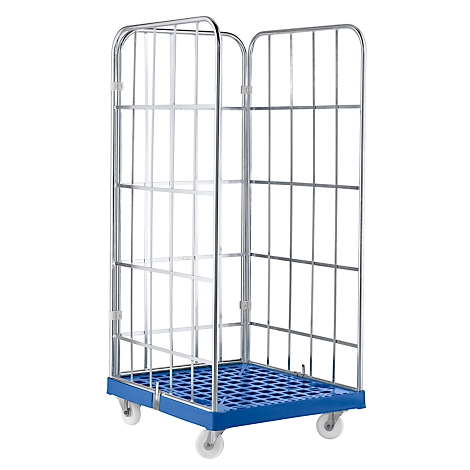 Rolkooi met blauwe bodem en roosterframe tegen witte achtergrond. Het heeft vier wielen.