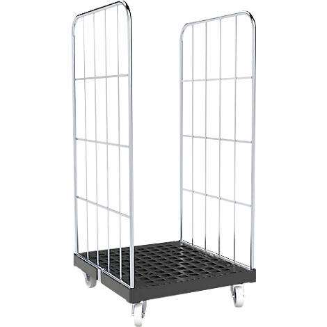 Een lege rolcontainer op wielen. Rechthoekige, zwarte basis, zijwanden met metalen gaas. In een neutrale omgeving.