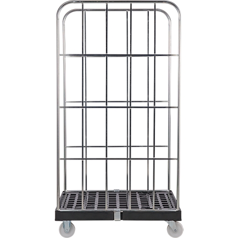 Metalen rolcontainer. Zilveren frame en rooster, zwarte bodem. Op vier wielen.