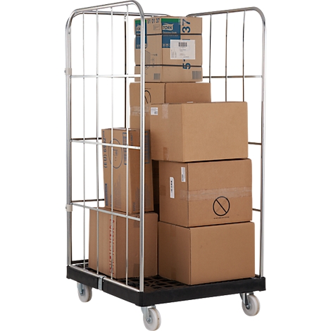 Rolkooi geladen met kartonnen dozen. De kar staat op wielen en heeft een zwarte basis. De dozen zijn bruin.