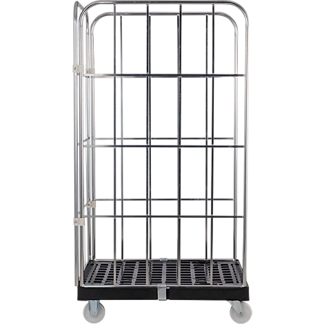 Metalen transportwagen, roosterstructuur, met wielen en drie planken.