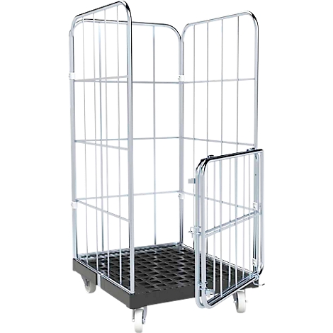 Een lege, zilveren rolcontainer met een open deur staat op een witte achtergrond. De roosters zijn rechthoekig en bevestigd op een zwarte basis.