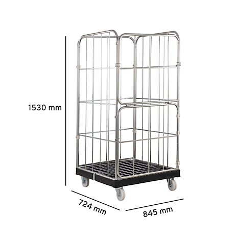 Gaaswagen met afmetingen: 1530 mm hoog, 724 mm breed, 845 mm diep. Zwarte basis, grijze wielen.